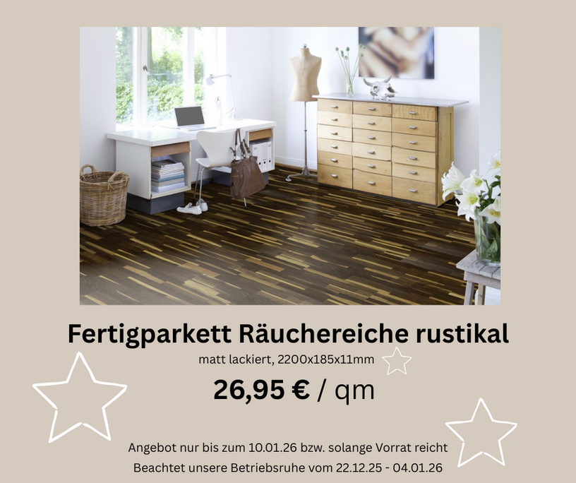 Fußboden Fertigparkett Raäuchereiche Schiffsboden auf dem eine Kommode steht