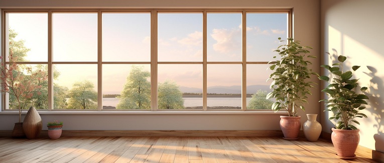 Großes Wohnzimmerfenster mit Sprossen und schöner Aussicht